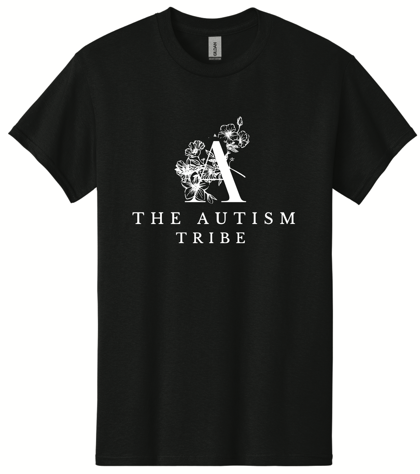 Black T-shirt featuring the text 'THE AUTISM TRIBE' in white with a floral design.