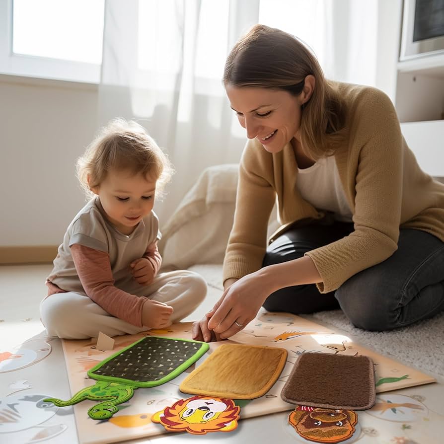 A mother and her toddler engaging in a playful activity on a colorful mat, surrounded by tactile learning toys.